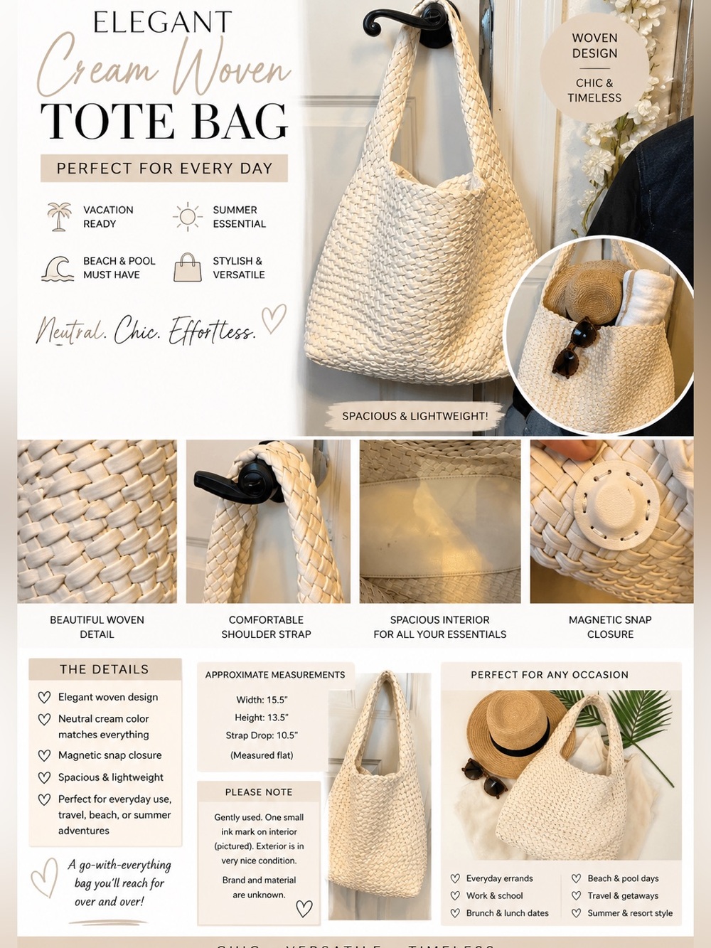 Elegant Cream Woven Tote Bag perfect for vacation, summer, beach
